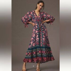 Farm Rio Teal Seashell Tapestry Viscose Maxi Dress Women's Size XS Boho Resort